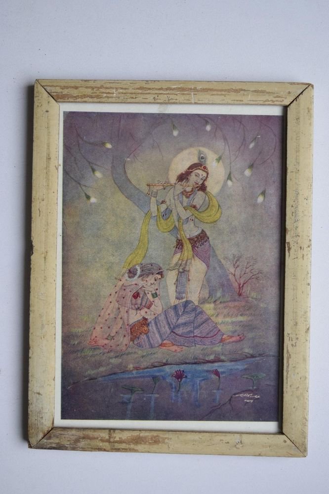 God Krishna & Radha Collectible Old Religious Print in Old Wooden Frame #3178