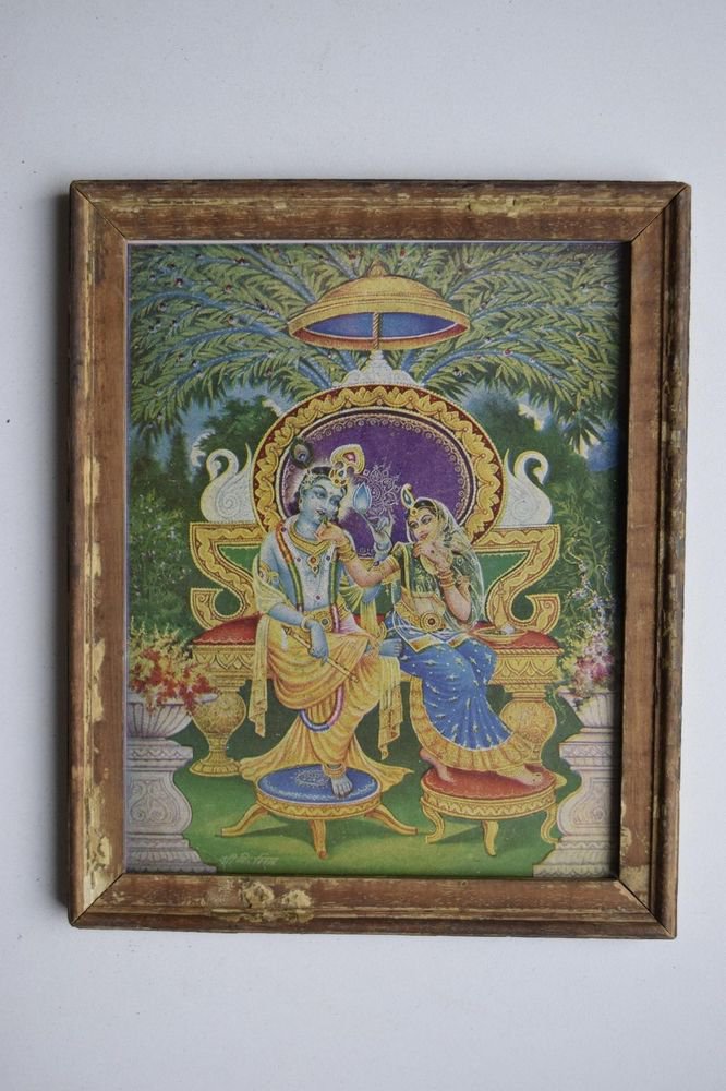 God Krishna Rare Collectible Old Religious Print in Old Wooden Frame #3176