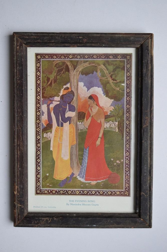 God Krishna & Radha Collectible Old Religious Print in Old Wooden Frame #3179
