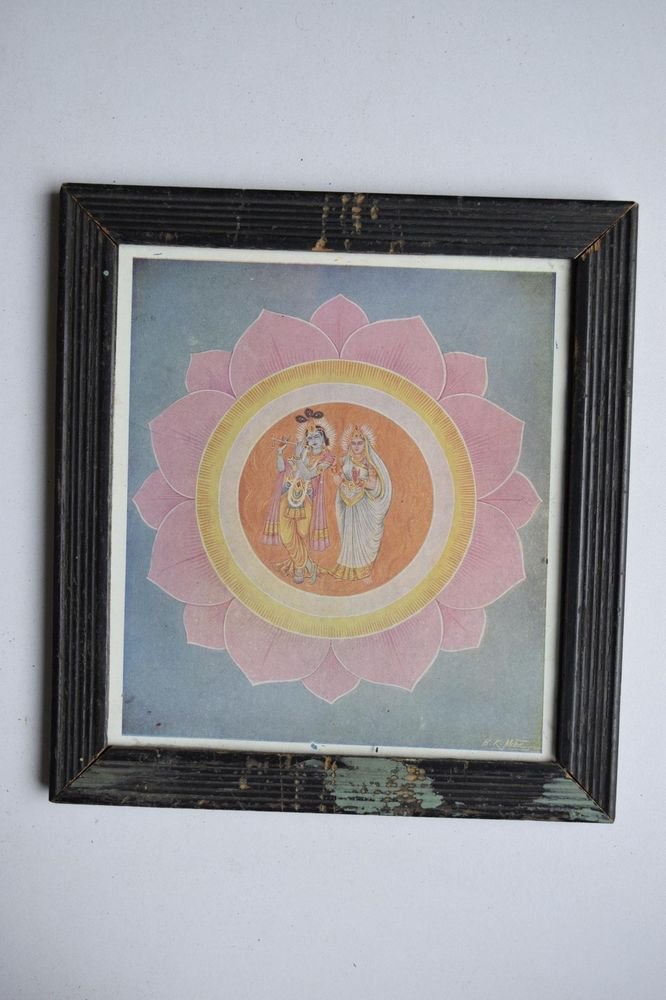God Krishna & Radha Collectible Old Religious Print in Old Wooden Frame #3181
