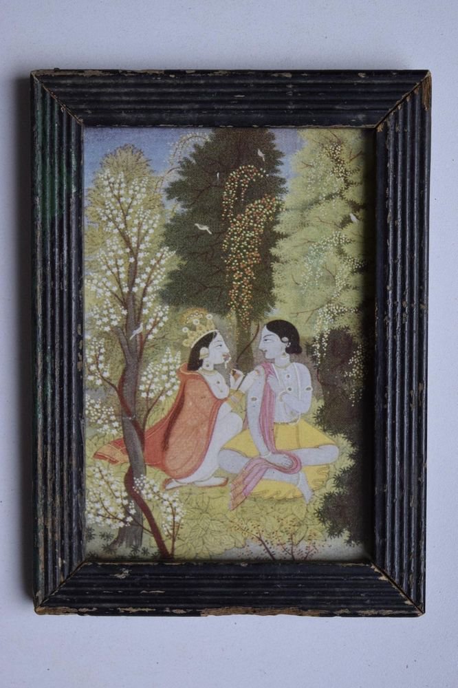 God Krishna & Radha Collectible Old Religious Print in Old Wooden Frame #3187