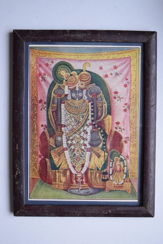 God Krishna Shrinathji Collectible Old Religious Print in Old Wooden Frame #3202