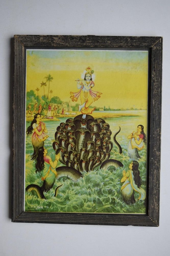 God Krishna Rare Collectible Old Religious Print in Old Wooden Frame #3192