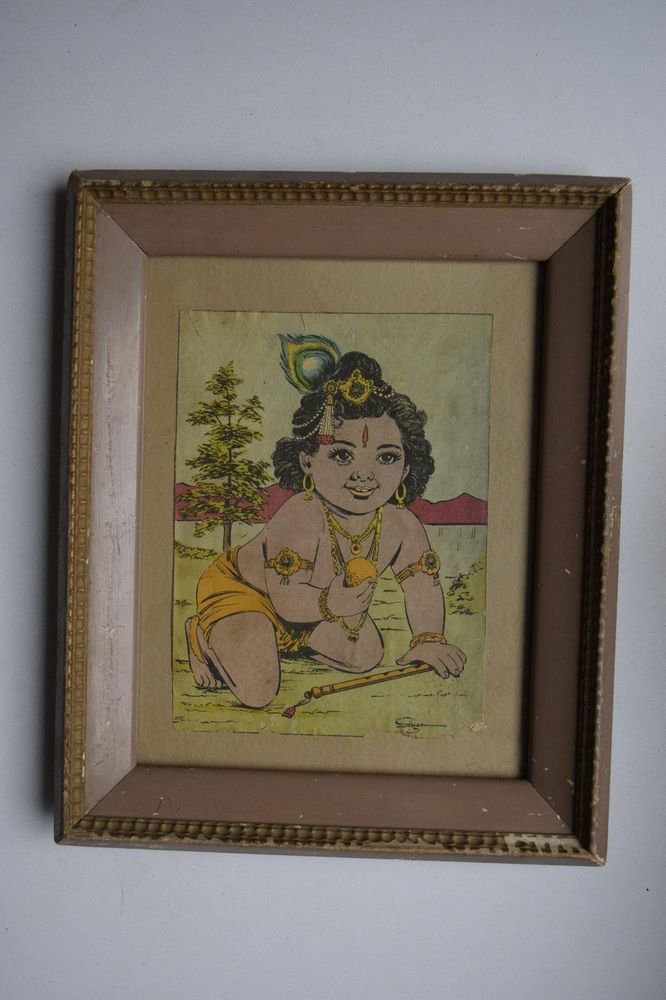 God Krishna Rare Collectible Old Religious Print in Old Wooden Frame #3190