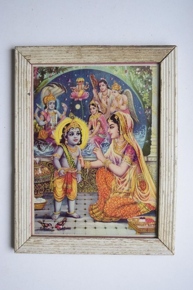 God Krishna Rare Collectible Old Religious Print in Old Wooden Frame #3201