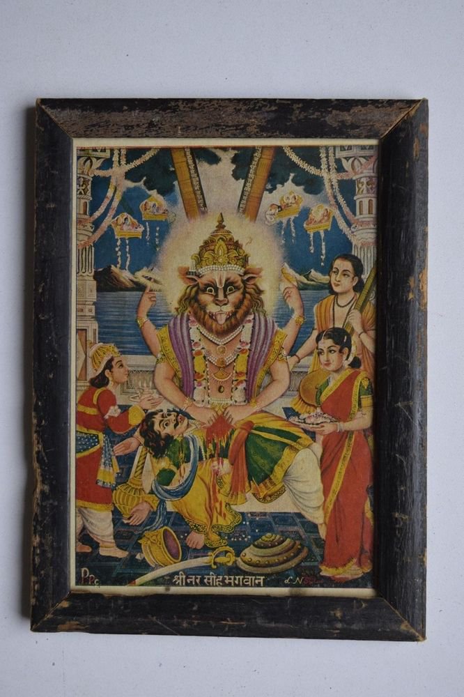 God Vishnu Avatar Collectible Old Religious Print in Old Wooden Frame #3168
