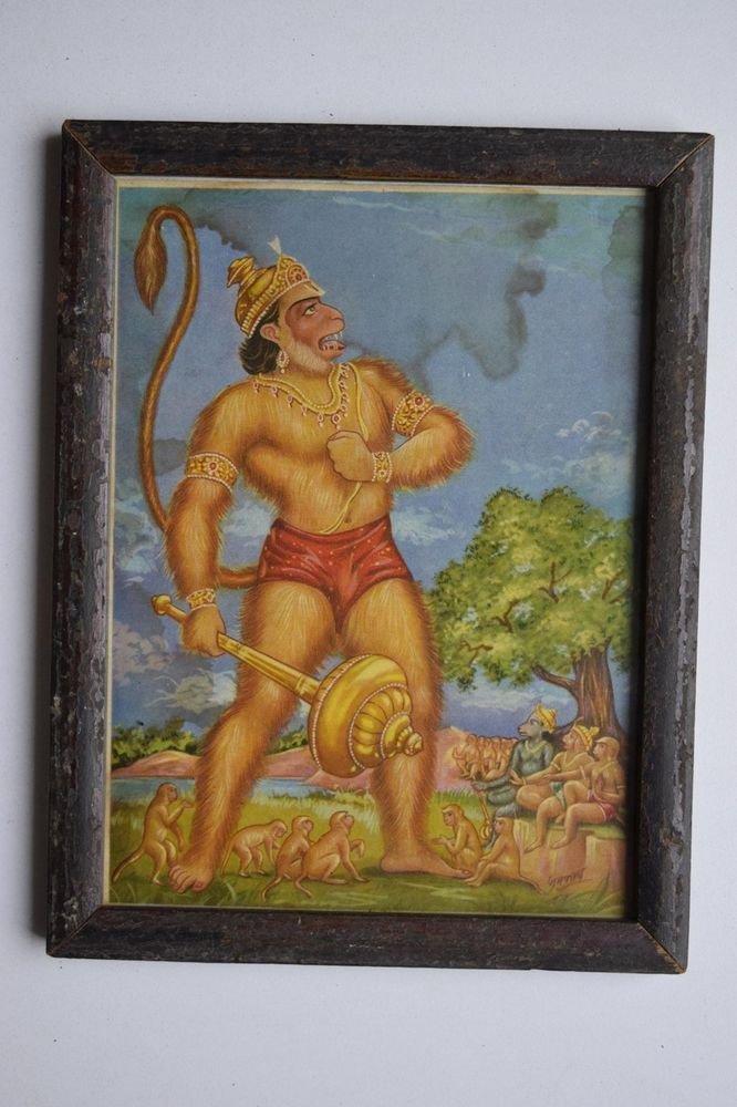Monkey God Hanuman Collectible Original Print in Old Wooden Frame India #3153