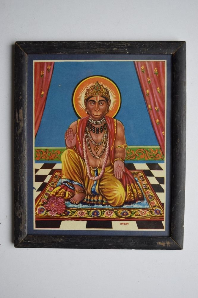 Monkey God Hanuman Collectible Original Print in Old Wooden Frame India #3155