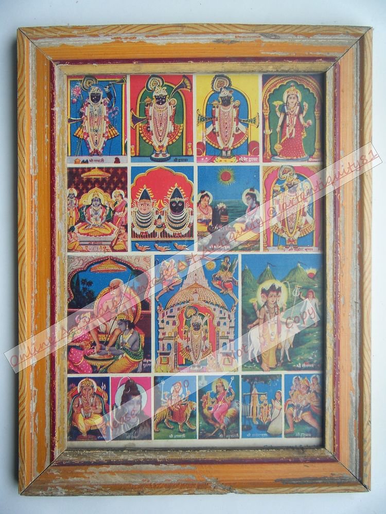 All Gods Krishna Rare Collectible Old Print in Old Wooden Frame India #2559