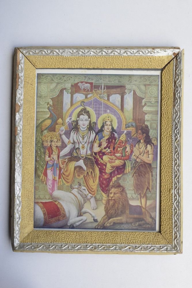 God Shiva Collectible Rare Beautiful Old Print in Old Wooden Frame India #3234