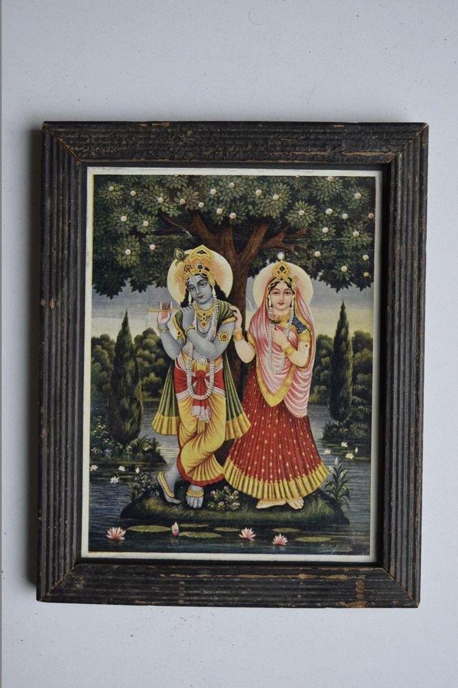 Hindu God Krishna Rare Collectible Old Religious Print in Old Wooden Frame #3183