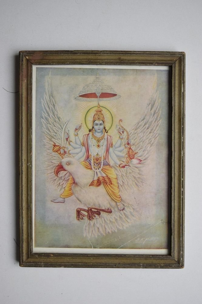 Hindu God Vishnu Rare Collectible Old Religious Print in Old Wooden Frame #3162