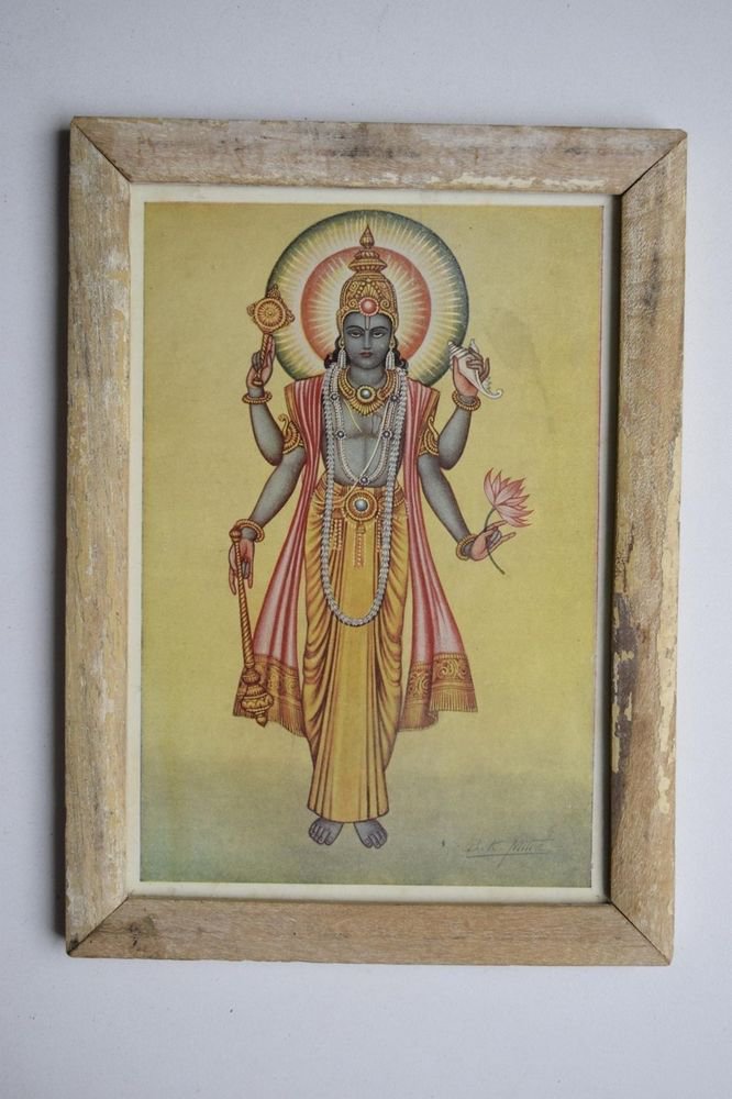 Hindu God Vishnu Rare Collectible Old Religious Print in Old Wooden Frame#3160