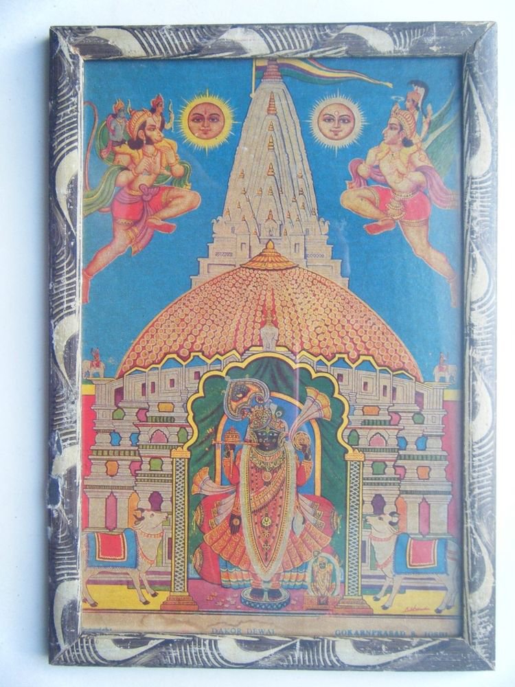 Hindu God Shrinathji Krishna Avatar Rare Old Print in Old Wooden Frame #2766