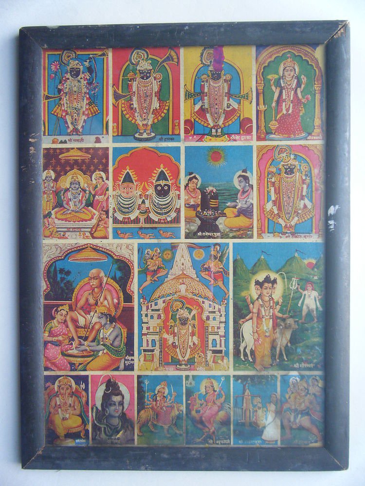 All Gods Krishna Rare Collectible Original Print in Old Wooden Frame India #2784