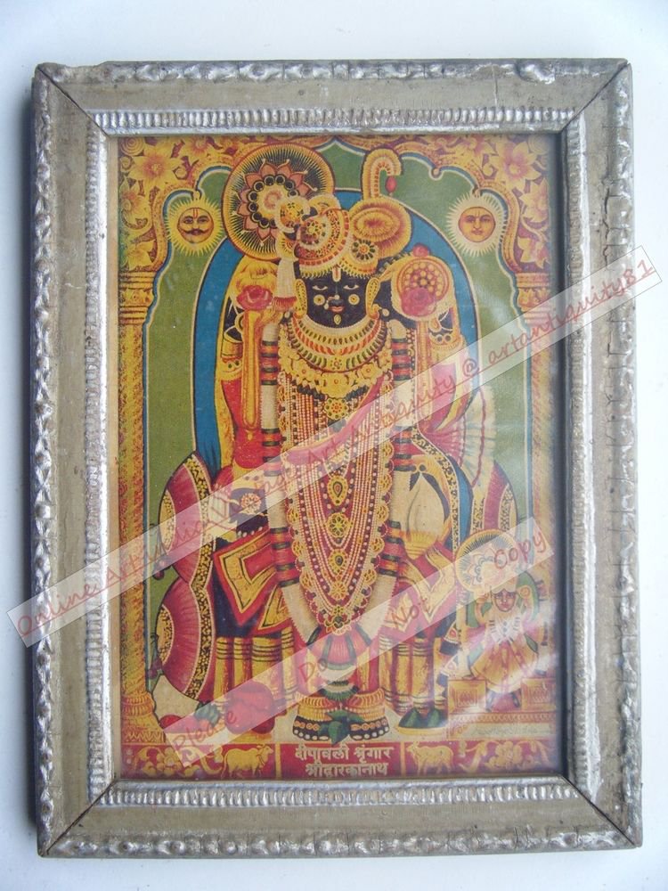 Shrinathji Krishna Avatar Home Worship Old Print in Old Wooden Frame India #2549