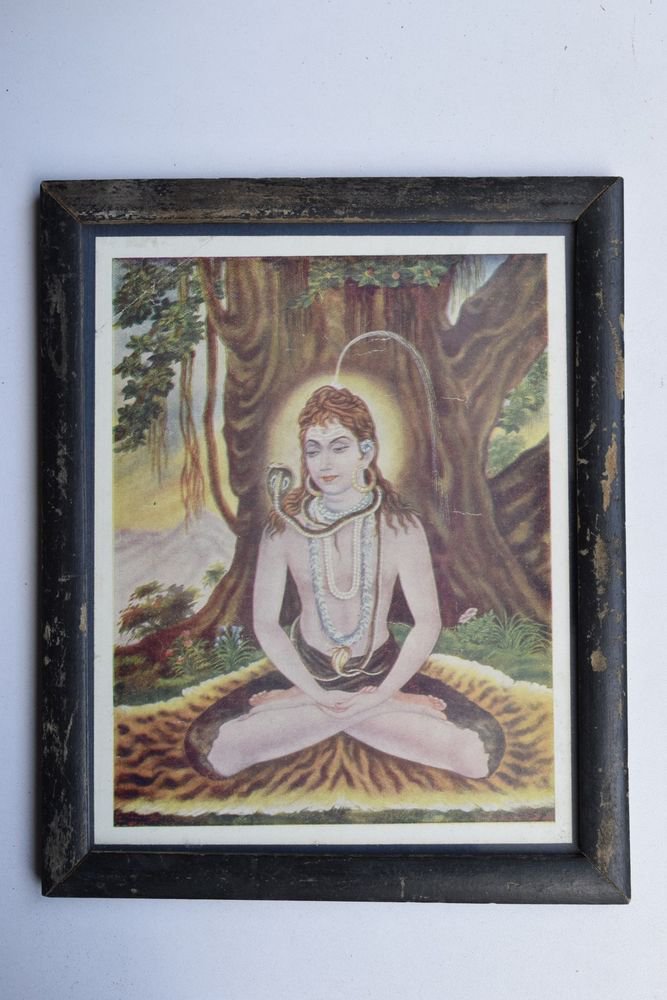 God Shiva Collectible Rare Beautiful Old Print in Old Wooden Frame India #3236