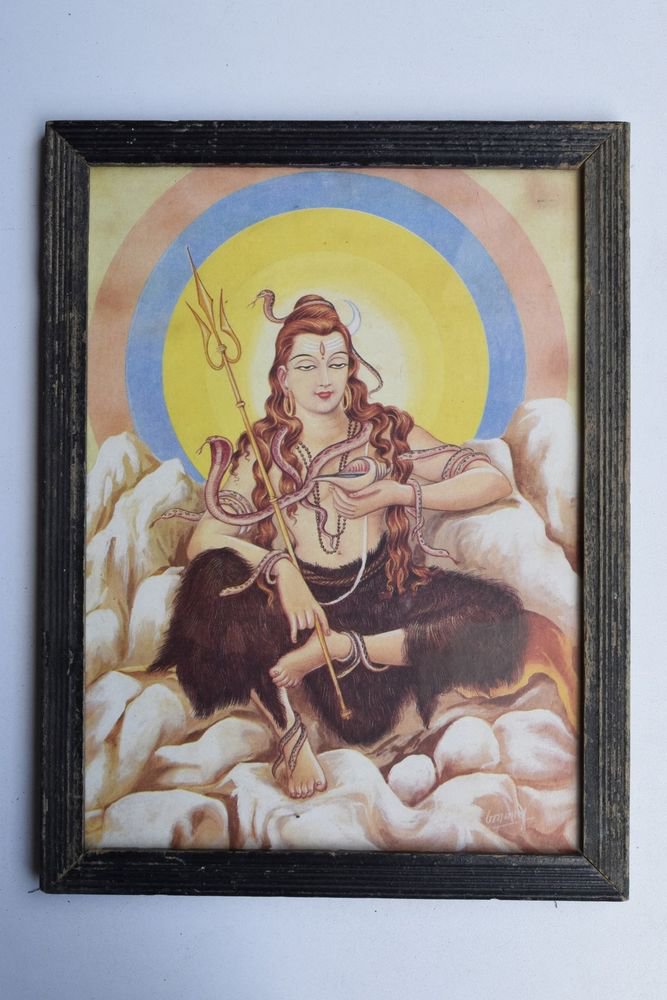 God Shiva Collectible Rare Beautiful Old Print in Old Wooden Frame India #3237