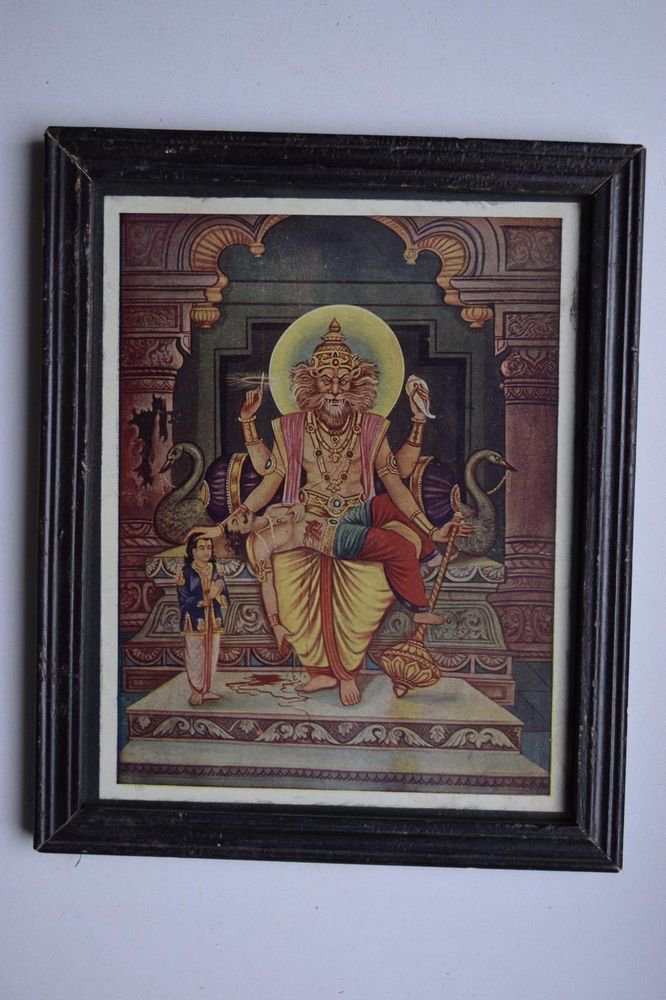 God Vishnu Avatar Collectible Old Religious Print in Old Wooden Frame #3167