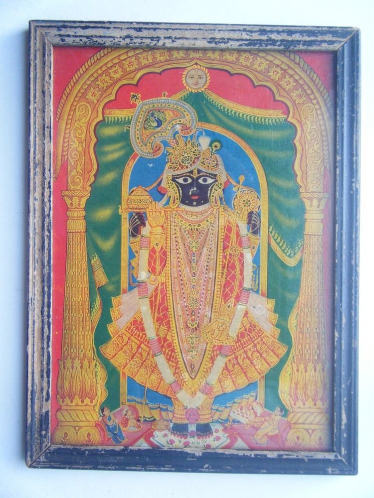 Hindu God Shrinathji Krishna Avatar Rare Old Print in Old Wooden Frame #2765