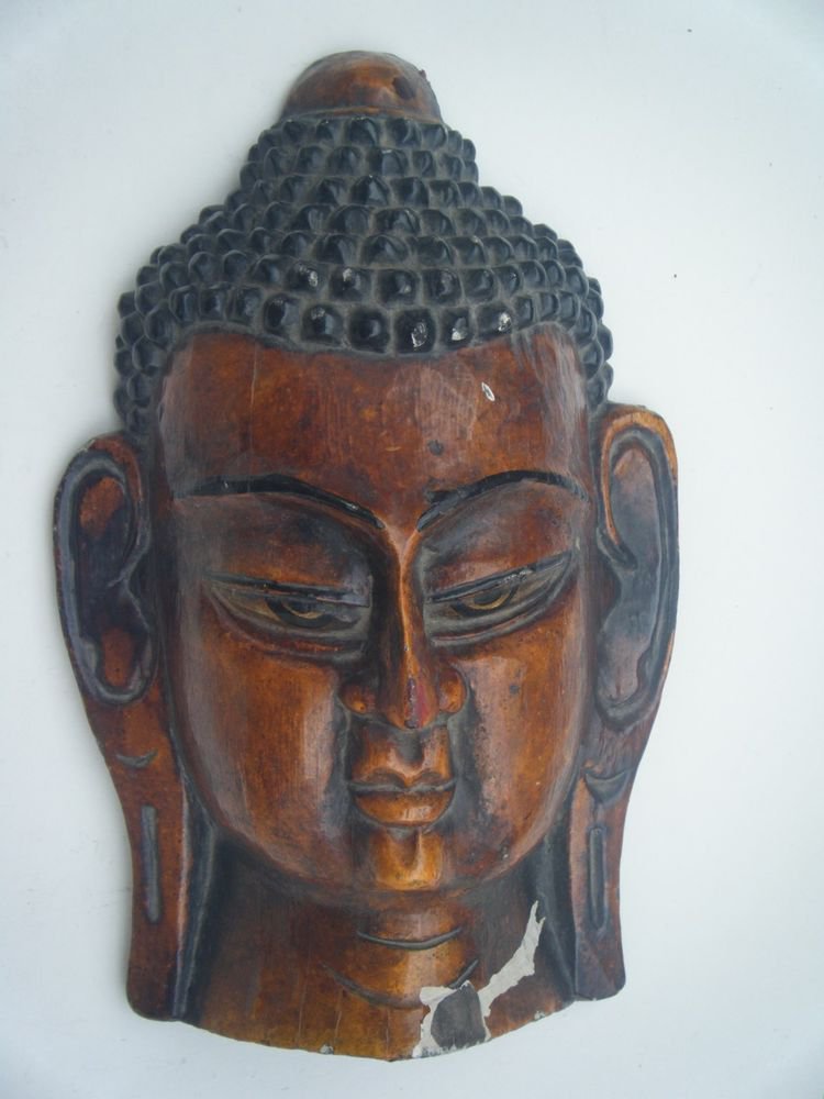 BUDDHA HEAD MASK OLD HAND PAINTED WOODEN MASK WALL HANGING RARE INDIA #757