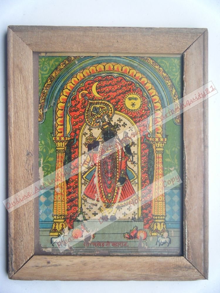 Shrinathji Krishna Avatar Home Worship Old Print in Old Wooden Frame India #2555