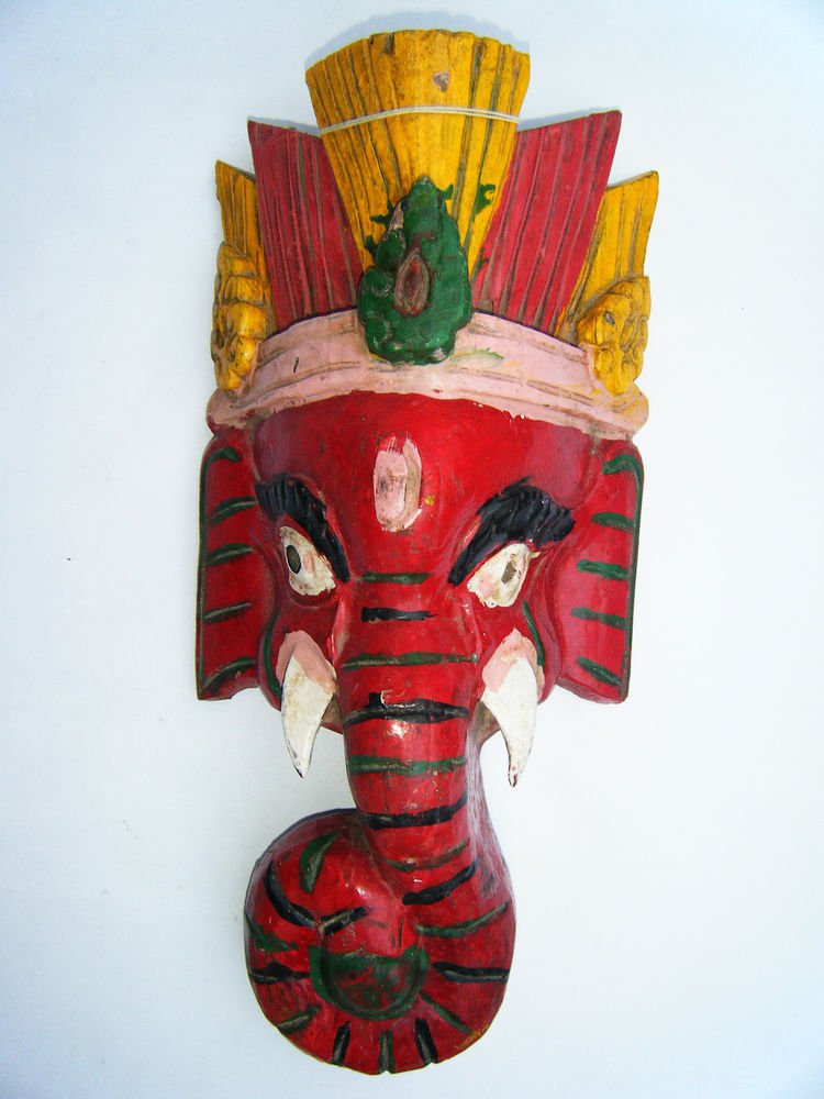 Ganesha Wooden Mask, Old Rare Hand Coloured Handmade Original Indian Mask #1574