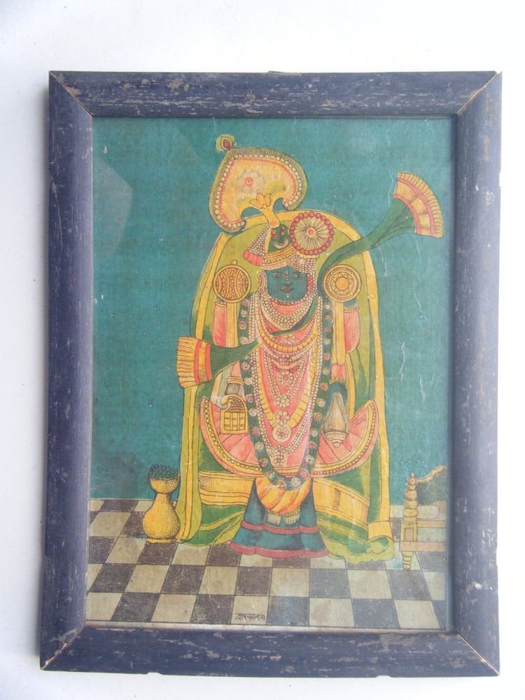Shrinathji Krishna Dwaarkadhish God Old Print in Old Wooden Frame India #2753