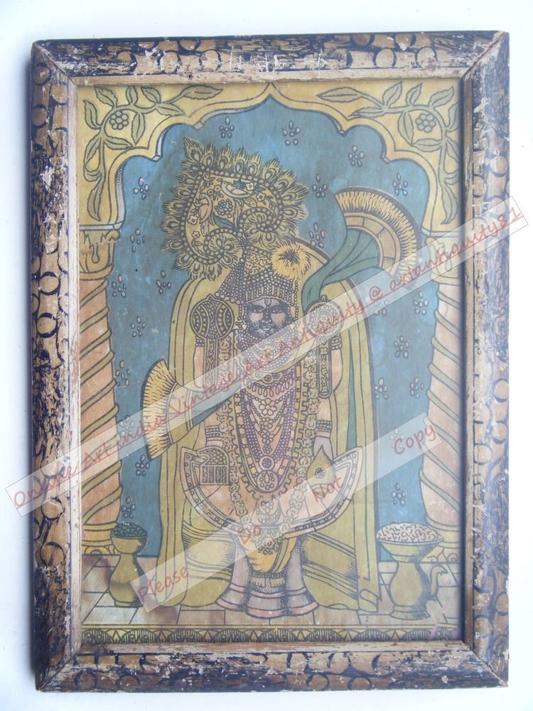 Shrinathji Krishna Avatar Home Worship Old Print in Old Wooden Frame India #2551