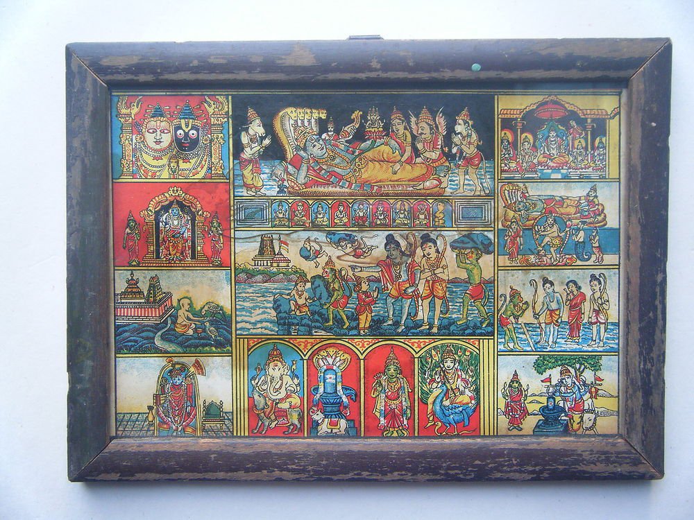 All Gods Vishnu Rare Collectible Original Print in Old Wooden Frame India #2781