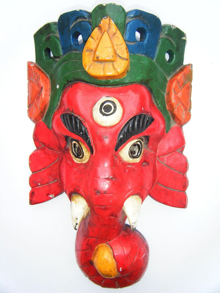 Ganesha Wooden Mask, Old Rare Hand Coloured Handmade Original Indian Mask #1578