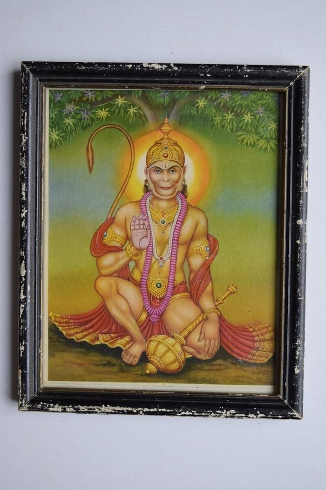 Monkey God Hanuman Collectible Original Print in Old Wooden Frame India #3152