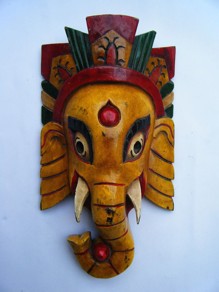 Ganesha Wooden Mask, Old Rare Hand Coloured Handmade Original Indian Mask #1572