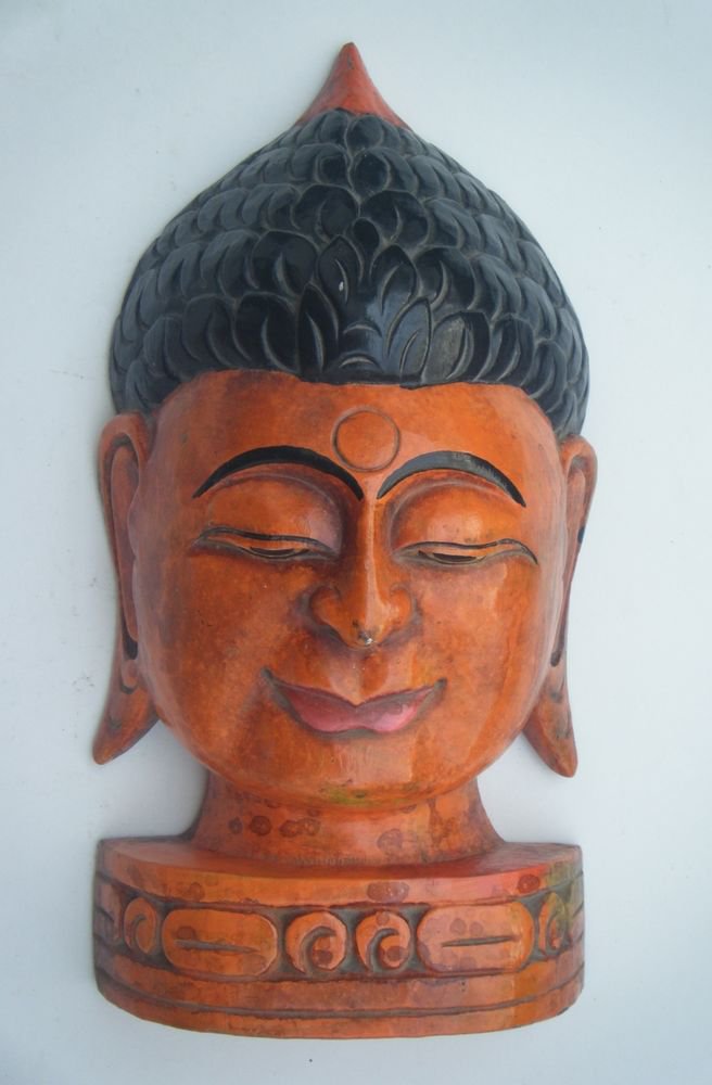 Buddha Wooden Mask, Old Rare Hand Coloured Handmade Original Indian Mask #755