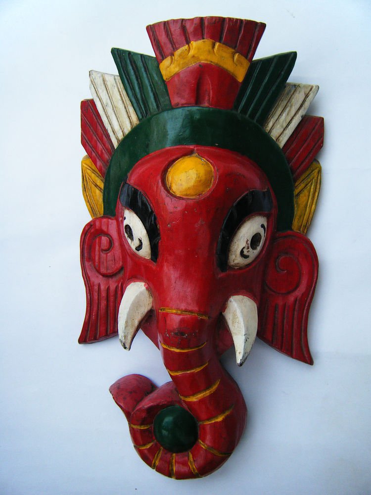 Ganesha Wooden Mask, Old Rare Hand Coloured Handmade Original Indian Mask #1573