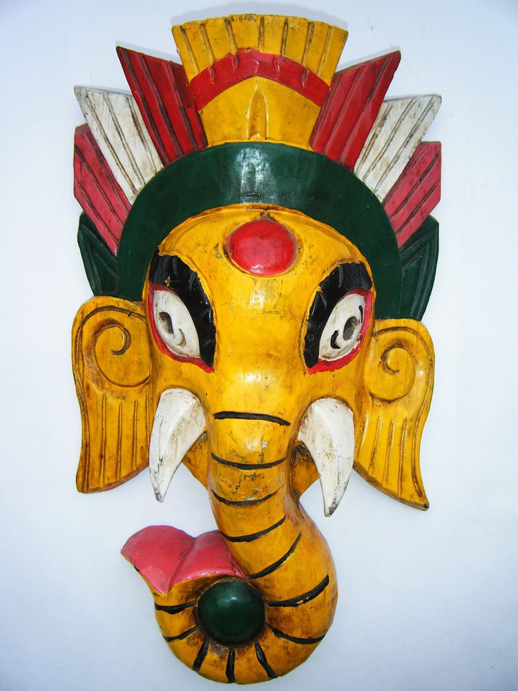 Ganesha Wooden Mask, Old Rare Hand Coloured Handmade Original Indian Mask #1577