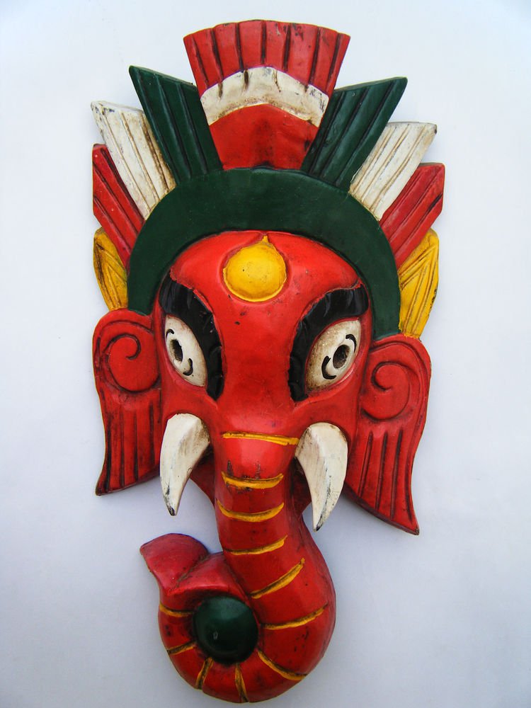 Ganesha Wooden Mask, Old Rare Hand Coloured Handmade Original Indian Mask #1576
