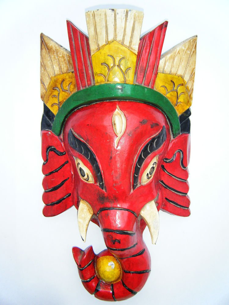 Ganesha Wooden Mask, Old Rare Hand Coloured Handmade Original Indian Mask #1570