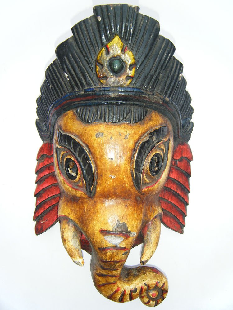 Ganesha Wooden Mask, Old Rare Hand Coloured Handmade Original Indian Mask #1579
