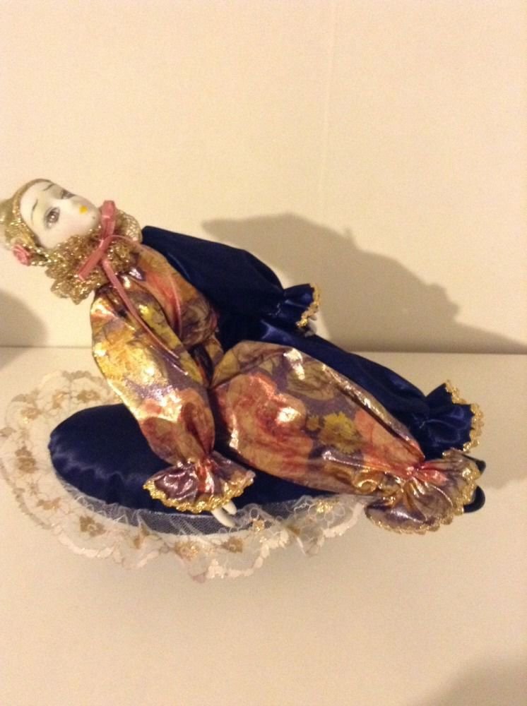 HARLEQUIN JESTER PORCELAIN DOLL CLOWN FIGURINE ON MUSIC BOX PILLOW! 12"