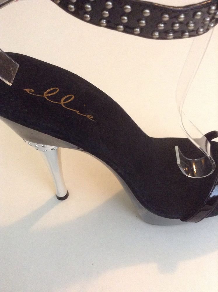 ELLIE 6" High Heel Stilettos Sz 6 Clear Black Ankle Strap Studs