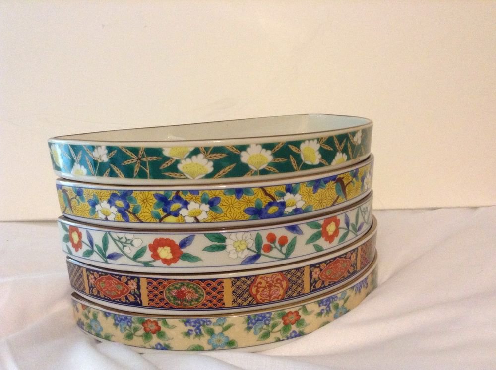 5 Stackable Half Moon Trays Sushi Plates Floral Design