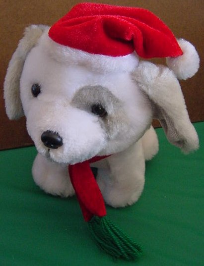 Gray & White Puppy Dog Santa Christmas Stuffed Plush