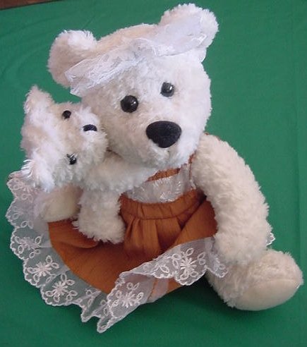 Calplush Mom & Baby Cream Bear Dress Stuffed Plush 7"