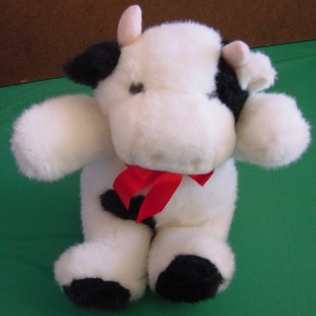 White & Black Cow Red Bow Stuffed Plush 8"