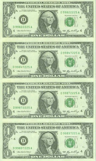 NEW Series 2006 Collectible Uncut Currency $1. FRN X 4 NOTES