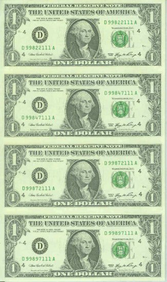 GEM UNCUT $1 FRN : New Series 2006 : 4-subject sheet