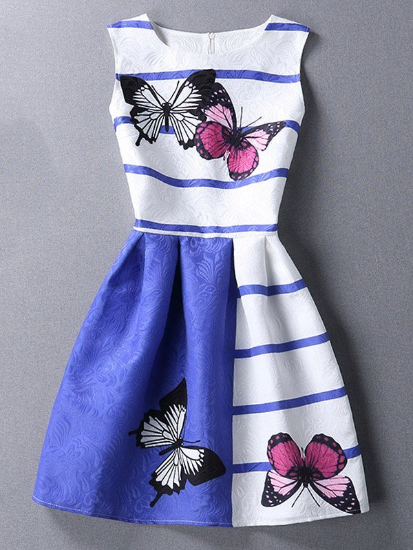 Chic Butterfiy Print Scoop Neck Sleeveless Color Block Dress For Women
