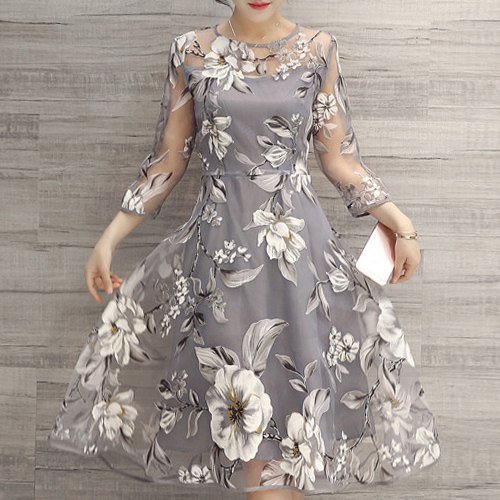 Charming Round Neck 3/4 Sleeve Floral Print See-Through Women's Dress