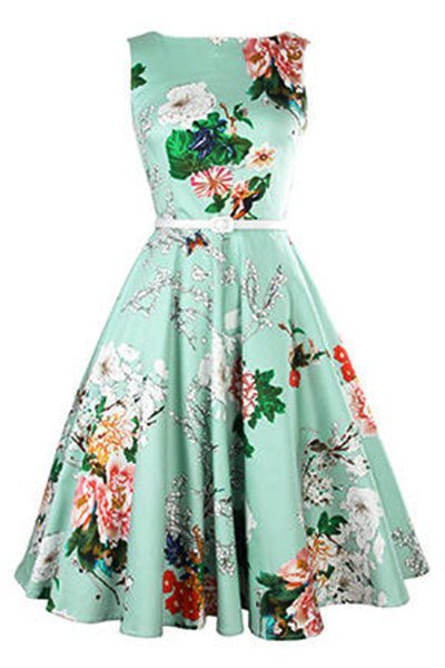 Vintage Jewel Neck Floral Print Sleeveless Belted A-Line Dress For Women
